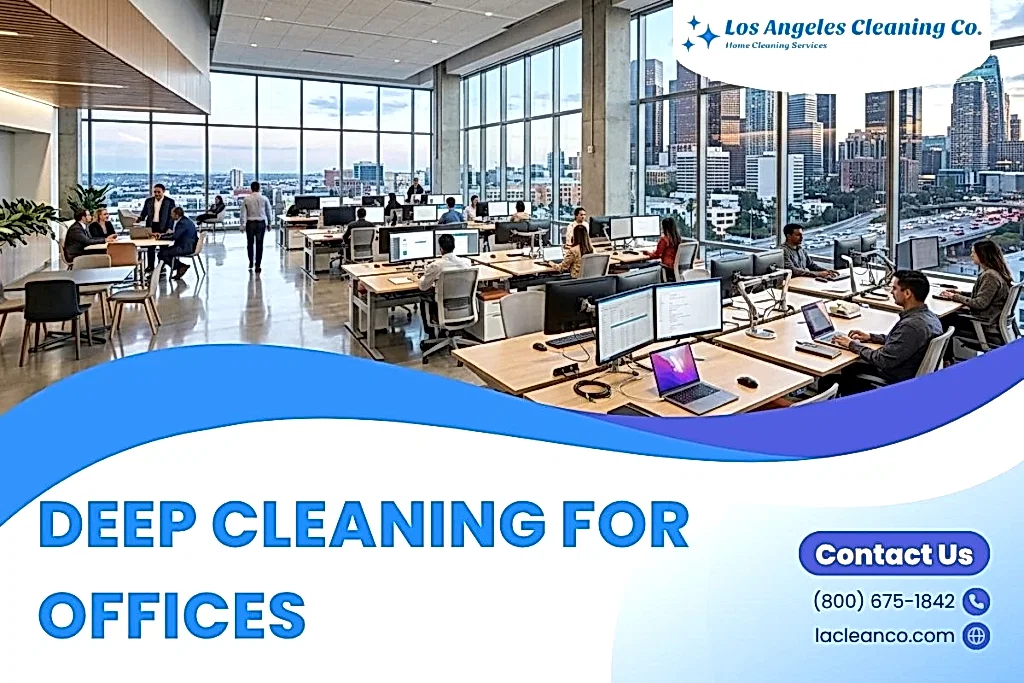 A modern open-plan office with multiple workstations and a panoramic view of a city skyline through large windows.&nbsp;