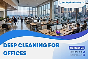 A modern open-plan office with multiple workstations and a panoramic view of a city skyline through large windows.